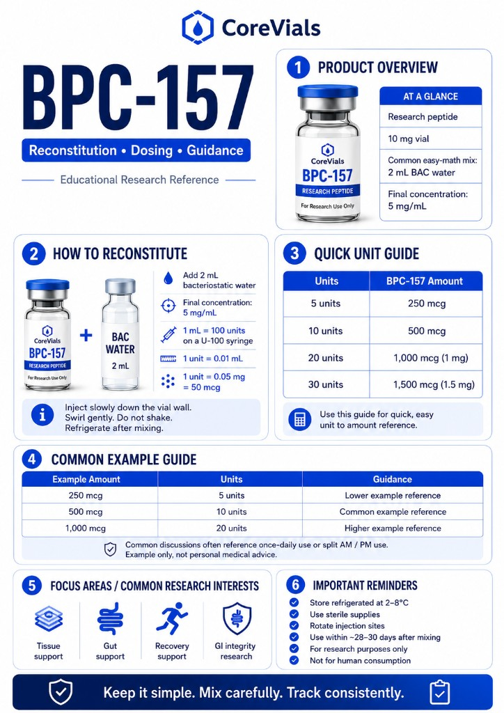 BPC-157 reconstitution and unit math cheat sheet for 10 mg vial with 2 mL BAC water
