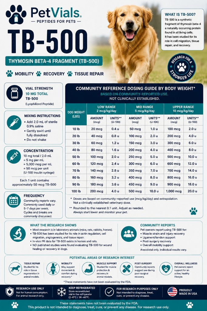 PetVials TB-500 canine research guide with weight-based community reference amounts and syringe units