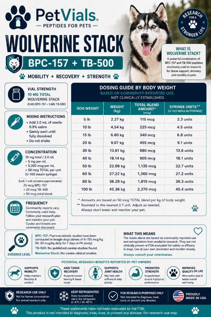 PetVials Wolverine Stack BPC-157 and TB-500 dog dosing guide with weight-based syringe units